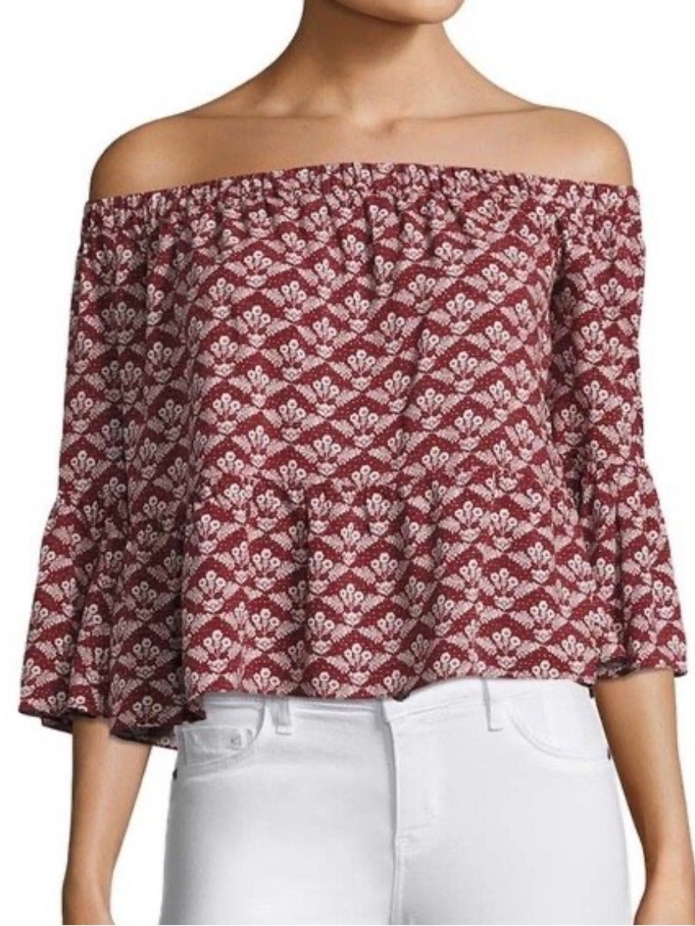 Likely Off-the-Shoulder Floral Tunic in Maroon and White